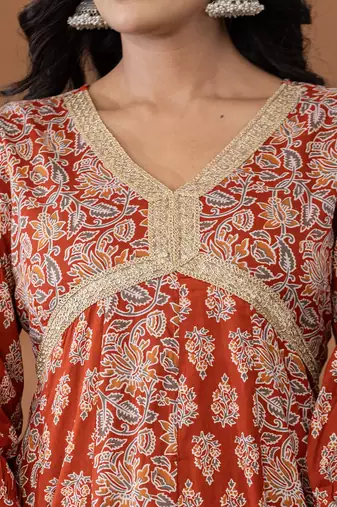 cotton rust anarkali ethnic motifs kurta dupatta set