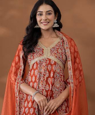cotton rust anarkali ethnic motifs kurta dupatta set 5