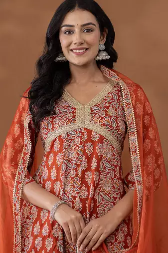 cotton rust anarkali ethnic motifs kurta dupatta set