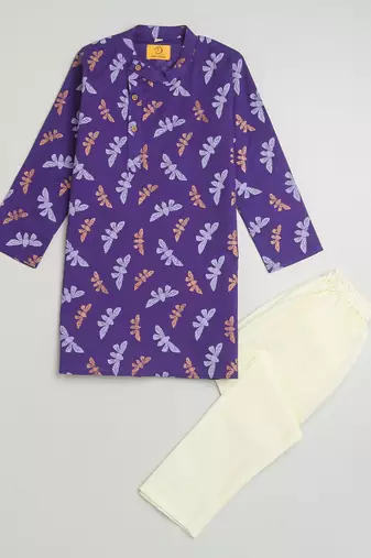 Purple multicolor hand screen printed boys  ethnic wear- set of 2
