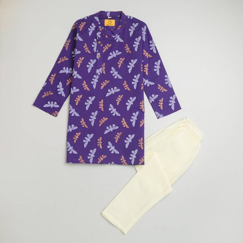 Purple multicolor hand screen printed boys  ethnic wear- set of 2