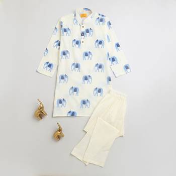 Yellow blue hand screen printed boys  ethnic wear- set of 2 1