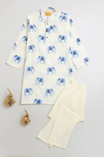 Yellow blue hand screen printed boys  ethnic wear- set of 2