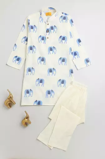 Yellow blue hand screen printed boys  ethnic wear- set of 2