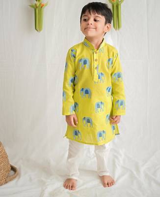 Yellow blue hand screen printed boys  ethnic wear- set of 2 1