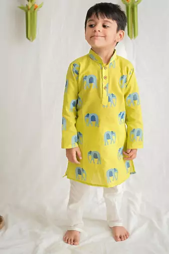 Yellow blue hand screen printed boys  ethnic wear- set of 2