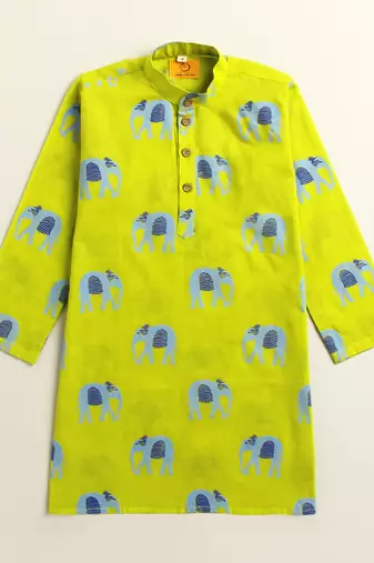 Yellow blue hand screen printed boys  ethnic wear- set of 2