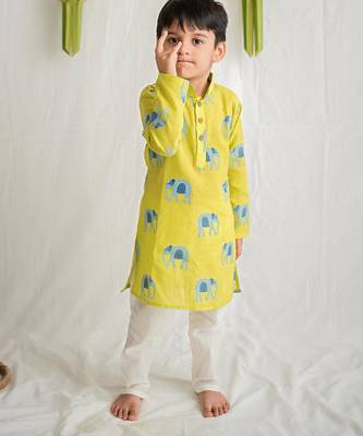 Yellow blue hand screen printed boys  ethnic wear- set of 2 3