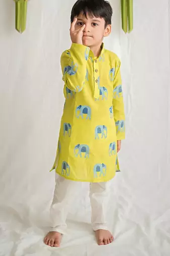 Yellow blue hand screen printed boys  ethnic wear- set of 2