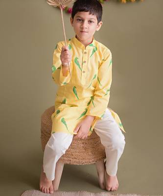 Yellow green hand screen printed boys  ethnic wear- set of 2 1