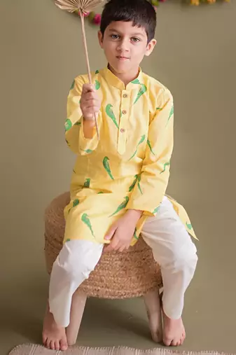Yellow green hand screen printed boys  ethnic wear- set of 2
