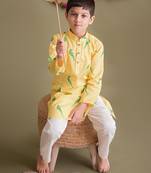 Yellow green hand screen printed boys  ethnic wear- set of 2