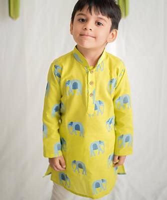 Yellow blue hand screen printed boys  ethnic wear- set of 2 4