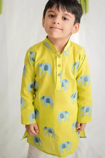 Yellow blue hand screen printed boys  ethnic wear- set of 2