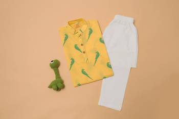 Yellow green hand screen printed boys  ethnic wear- set of 2 2