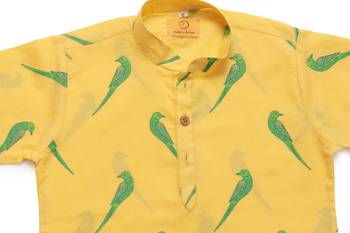 Yellow green hand screen printed boys  ethnic wear- set of 2 3