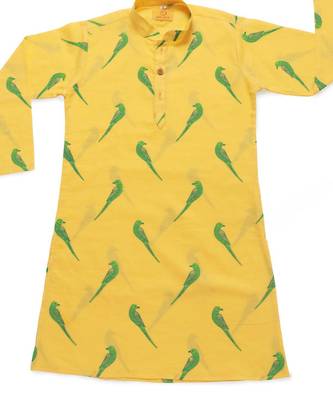 Yellow green hand screen printed boys  ethnic wear- set of 2 4
