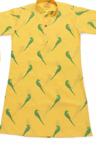 Yellow green hand screen printed boys  ethnic wear- set of 2