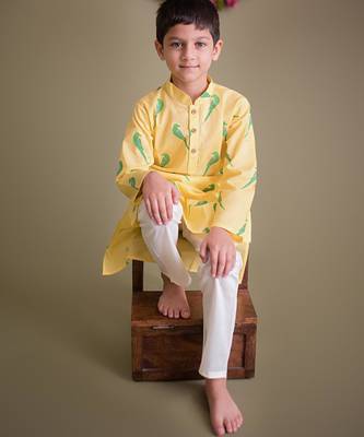 Yellow green hand screen printed boys  ethnic wear- set of 2 5