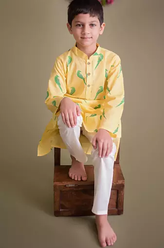 Yellow green hand screen printed boys  ethnic wear- set of 2