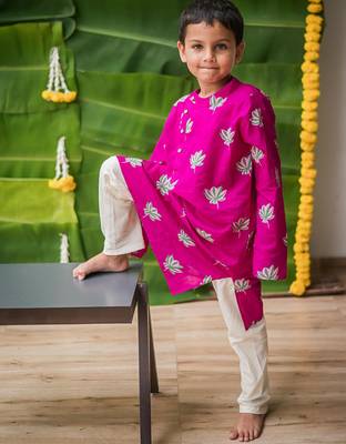 Pink multicolor  hand screen printed boys  ethnic wear- set of 2 2