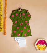 Green fuhsia  hand screen printed boys  ethnic wear- set of 2