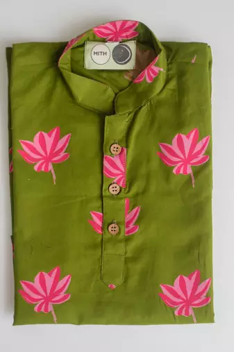 Green fuhsia  hand screen printed boys  ethnic wear- set of 2