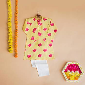 Yellow fuhsia  hand screen printed boys  ethnic wear- set of 2 1