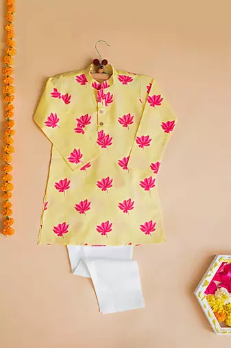 Yellow fuhsia  hand screen printed boys  ethnic wear- set of 2