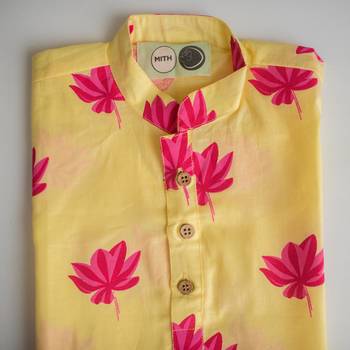 Yellow fuhsia  hand screen printed boys  ethnic wear- set of 2 2