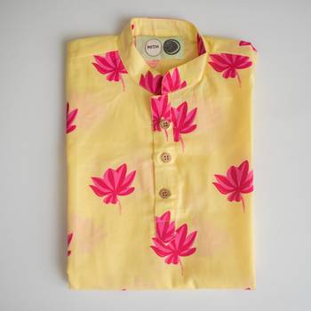 Yellow fuhsia  hand screen printed boys  ethnic wear- set of 2 3