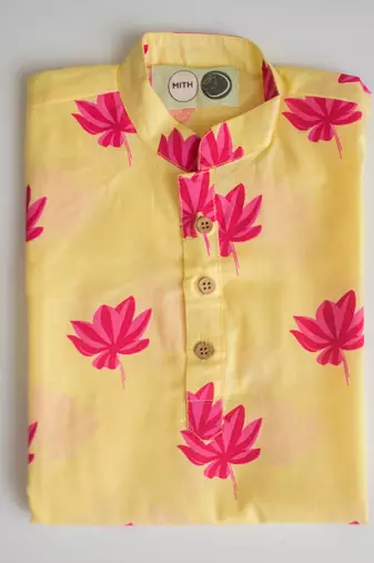 Yellow fuhsia  hand screen printed boys  ethnic wear- set of 2