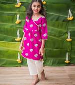 Pink multicolor hand screen printed girls ethnic wear- set of 2