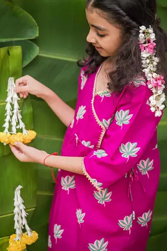 Pink multicolor hand screen printed girls ethnic wear- set of 2