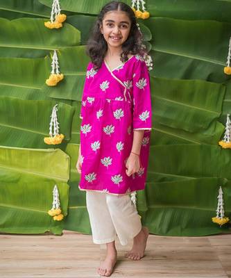 Pink multicolor hand screen printed girls ethnic wear- set of 2 3