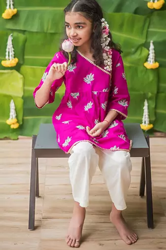 Pink multicolor hand screen printed girls ethnic wear- set of 2