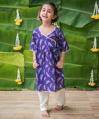 Purple multicolor hand screen printed girls ethnic wear- set of 2 1