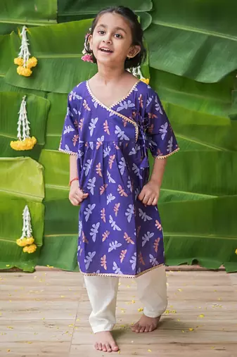 Purple multicolor hand screen printed girls ethnic wear- set of 2