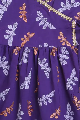 Purple multicolor hand screen printed girls ethnic wear- set of 2