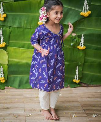 Purple multicolor hand screen printed girls ethnic wear- set of 2 3