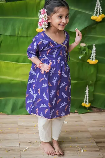 Purple multicolor hand screen printed girls ethnic wear- set of 2