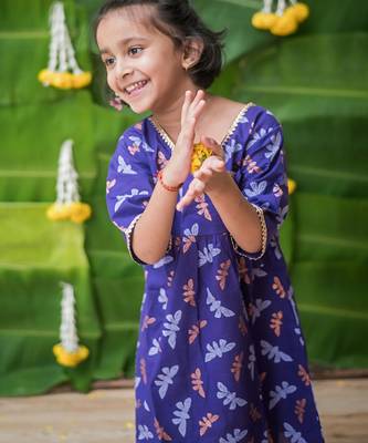 Purple multicolor hand screen printed girls ethnic wear- set of 2 4