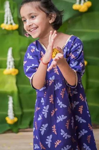 Purple multicolor hand screen printed girls ethnic wear- set of 2