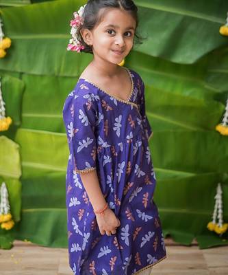 Purple multicolor hand screen printed girls ethnic wear- set of 2 5