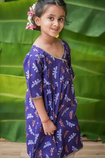 Purple multicolor hand screen printed girls ethnic wear- set of 2