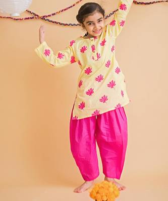 Yellow fuchsia hand screen printed girls ethnic wear- set of 2 1