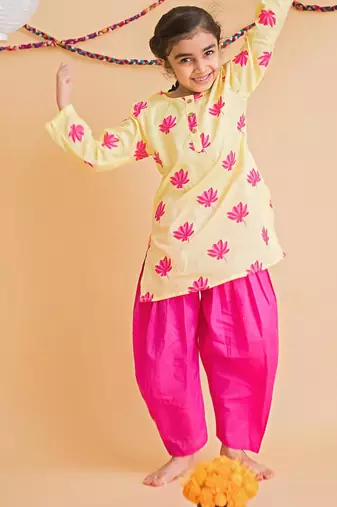 Yellow fuchsia hand screen printed girls ethnic wear- set of 2