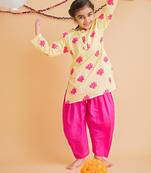 Yellow fuchsia hand screen printed girls ethnic wear- set of 2