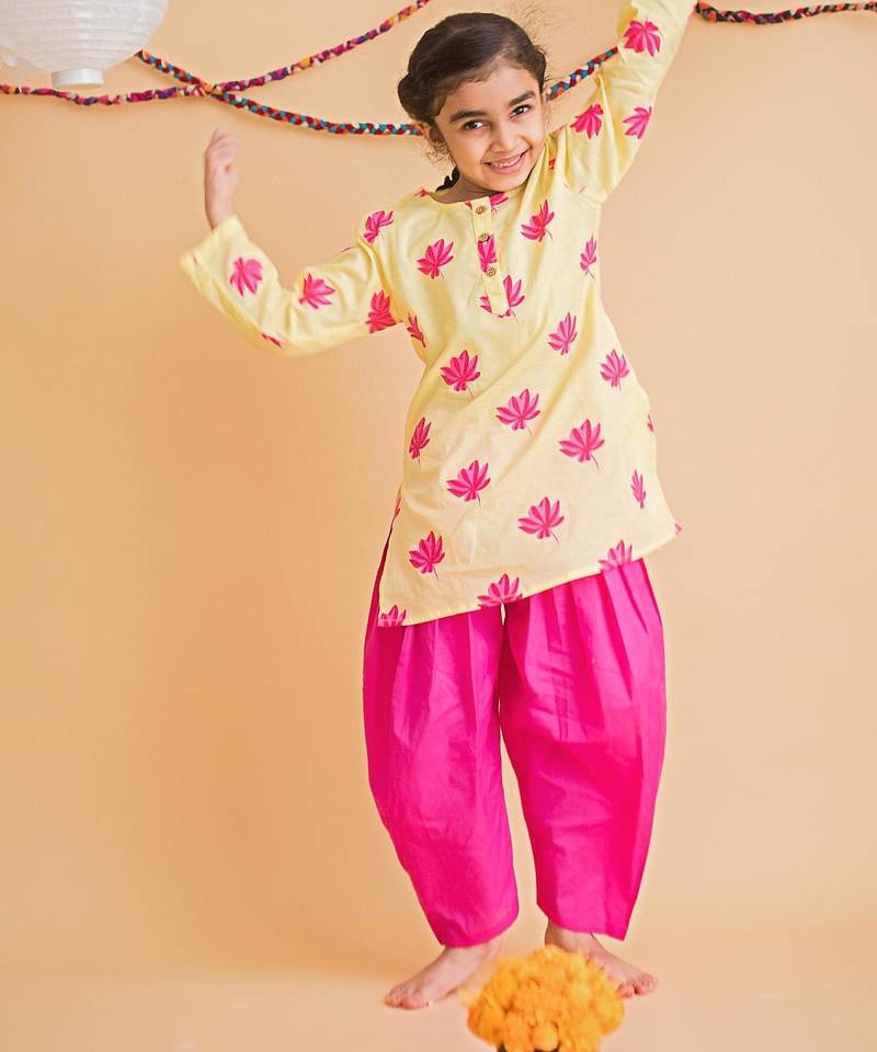 Yellow fuchsia hand screen printed girls ethnic wear- set of 2