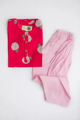 Red multicolor hand screen printed girls ethnic wear- set of 2